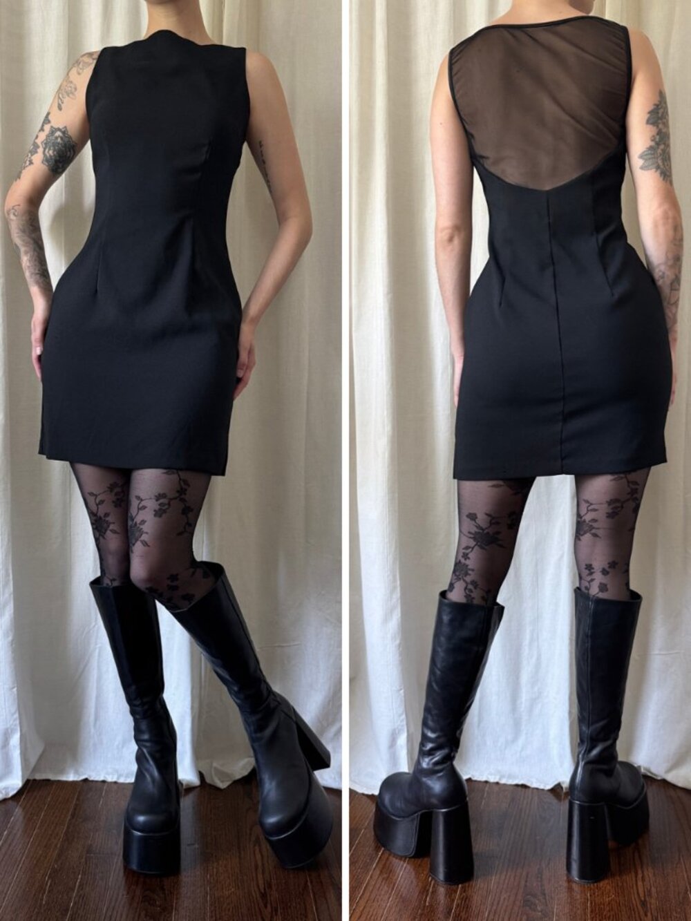 Vintage Black Mini Dress with Sheer Mesh Back Women's Size Medium